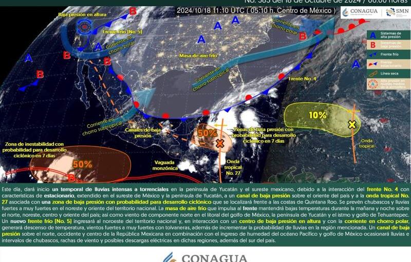 Se prevé temporal de lluvias intensas en el sureste de México y la península de Yucatán