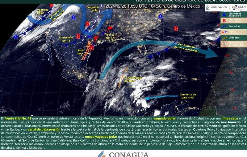 Se pronostican lluvias puntuales fuertes en Quintana Roo, e intervalos de chubascos en Chiapas, Tabasco, Campeche y Yucatán