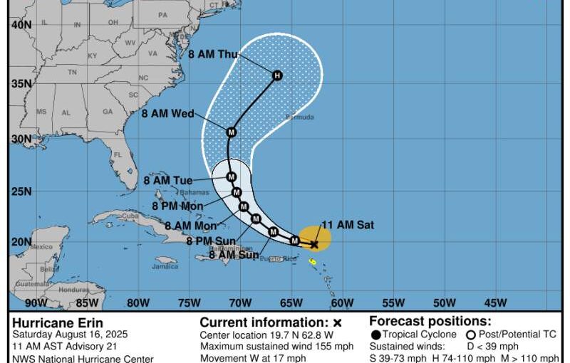 Huracán Erin se intensifica a categoría 5 y amenaza el Caribe con vientos de 160 millas por hora